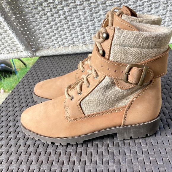 Trader Bay High Tan ankle boot leather fabric lace up buckle chunky heel flat - Picture 3 of 14